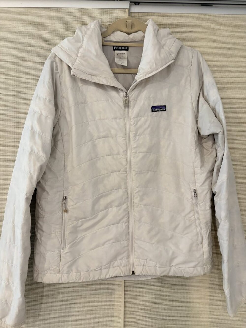 Patagonia Goose Down Hooded Jacket Womens L Cream White Quilted Puffer Hoody
